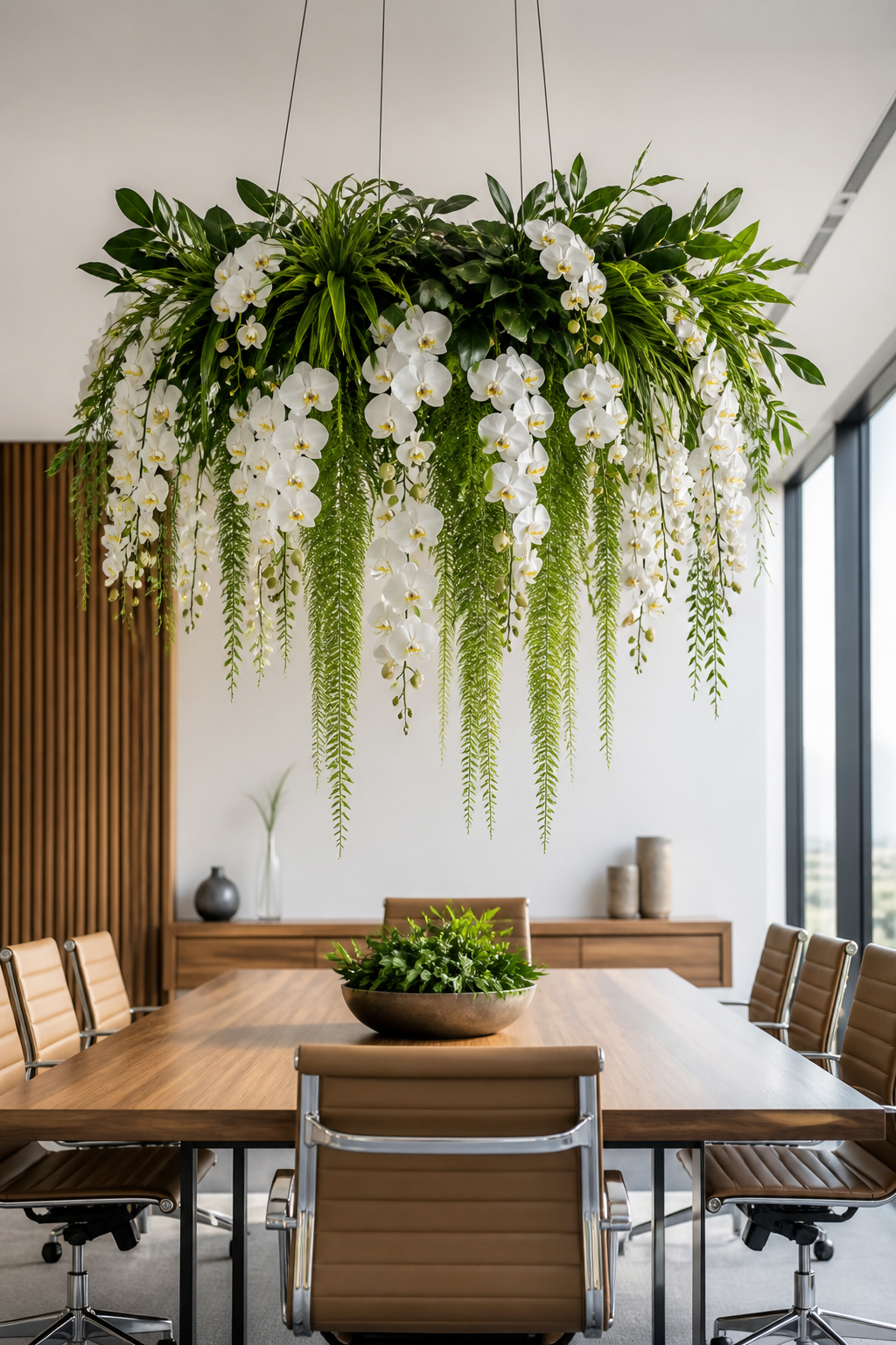 Arranjo pendente de orquídeas brancas em sala de reunião