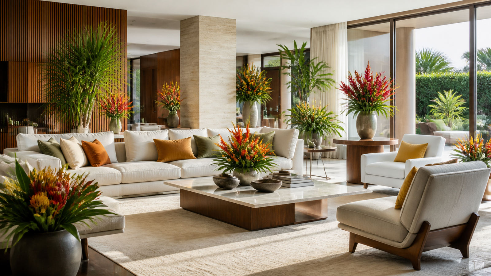 Ambiente residencial decorado com flores permanentes