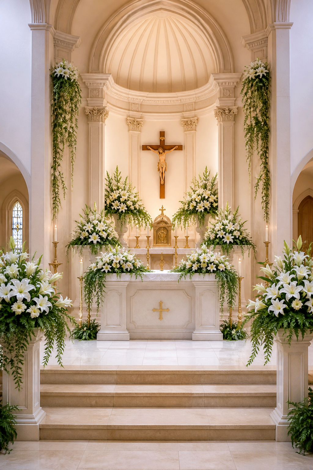 Altar com flores permanentes brancas
