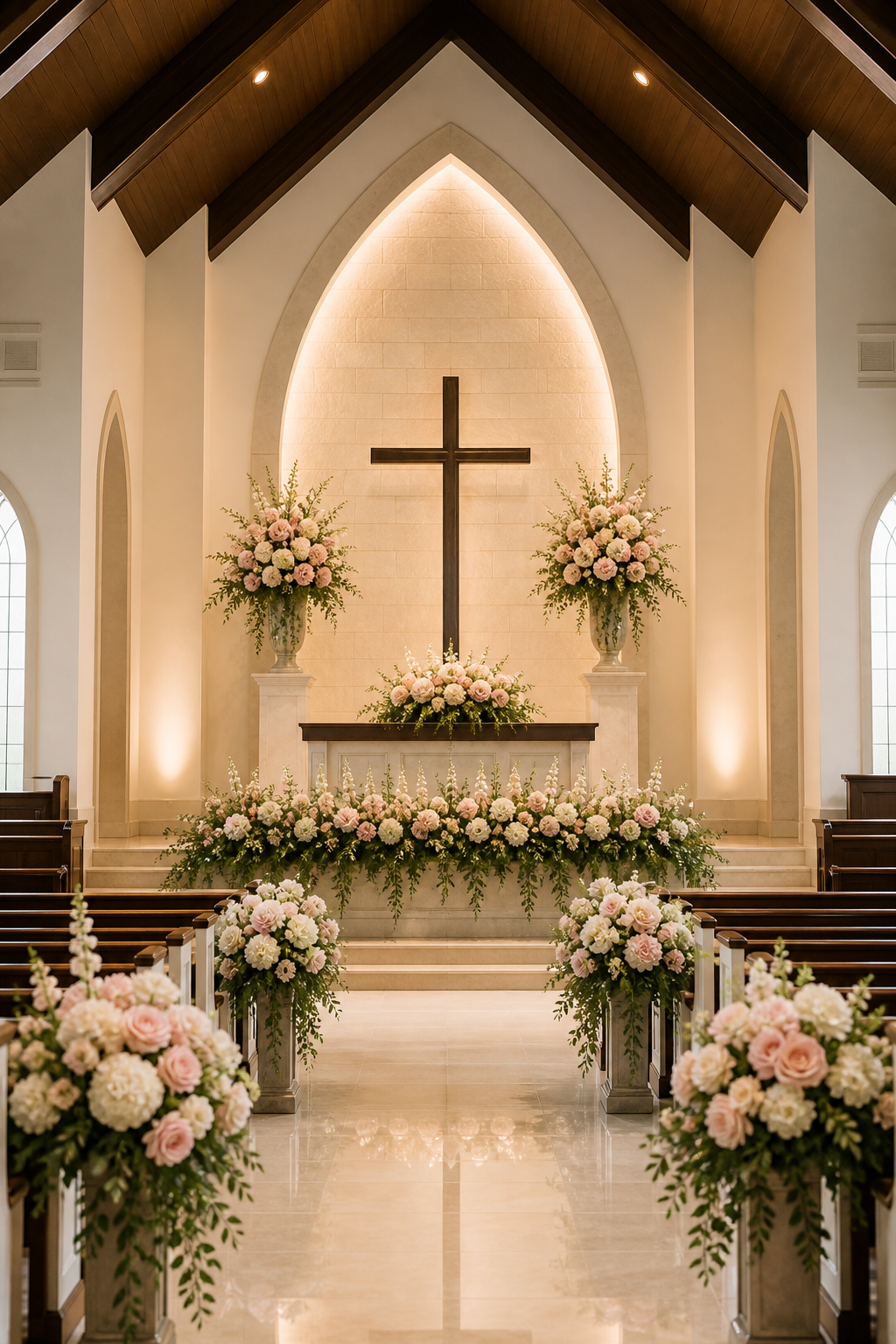 Igreja com flores permanentes em tons rosados