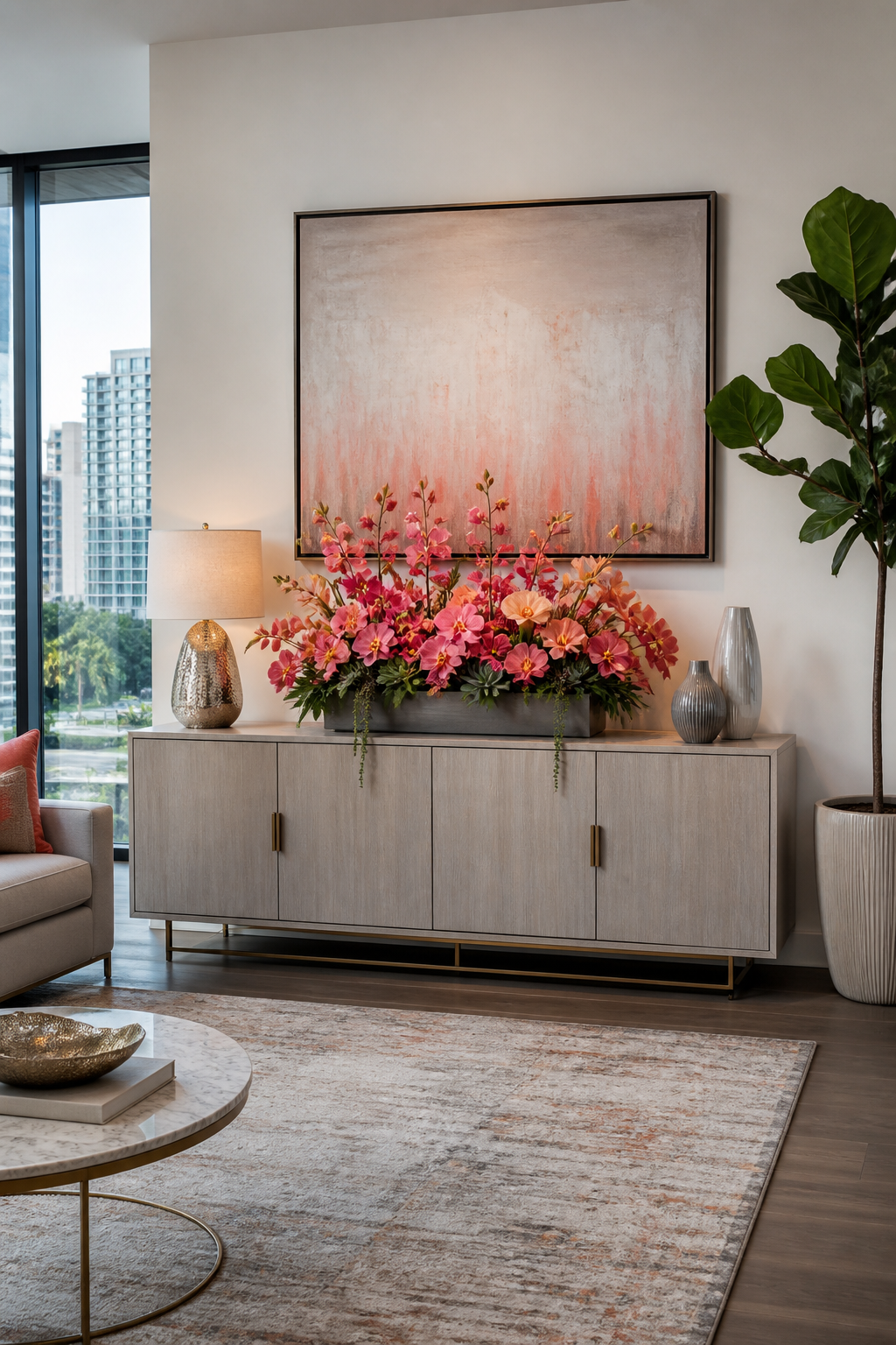 Hall residencial com flores permanentes