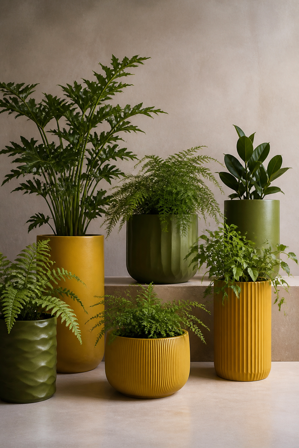 Coleção de vasos decorativos com folhagens